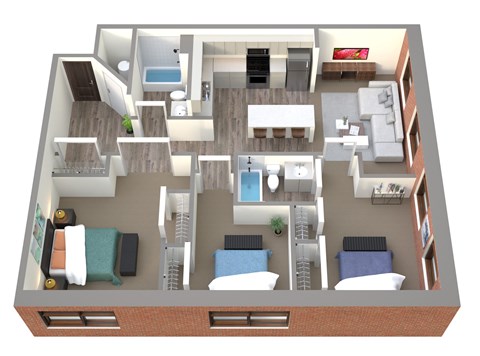 A 3D floor plan of a house with a kitchen, living room, and bedrooms.